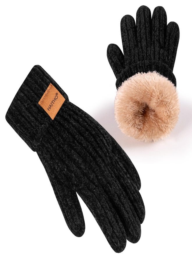HAITHO Kids Gloves Winter for Girls Boys Cold Weather, Toddler Chenille Cute Knit Gloves with Warm Fleece Lined, Thick Thermal Double Liner Cozy Cuff Outdoor(Black) - Image 1