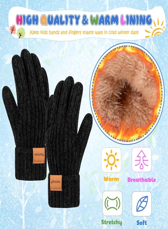 HAITHO Kids Gloves Winter for Girls Boys Cold Weather, Toddler Chenille Cute Knit Gloves with Warm Fleece Lined, Thick Thermal Double Liner Cozy Cuff Outdoor(Black) - Image 2