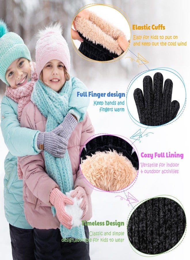 HAITHO Kids Gloves Winter for Girls Boys Cold Weather, Toddler Chenille Cute Knit Gloves with Warm Fleece Lined, Thick Thermal Double Liner Cozy Cuff Outdoor(Black) - Image 3