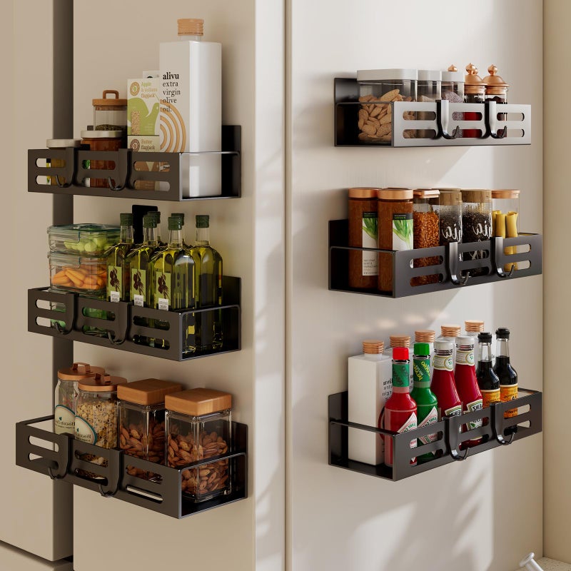 SETBAOO 6 Pack Magnetic Spice Rack for Refrigerator Set, Black Magnetic Shelf and Fridge Kitchen Cabinet Organizers Storage Seasoning Organization Mini Shelves. - Image 1