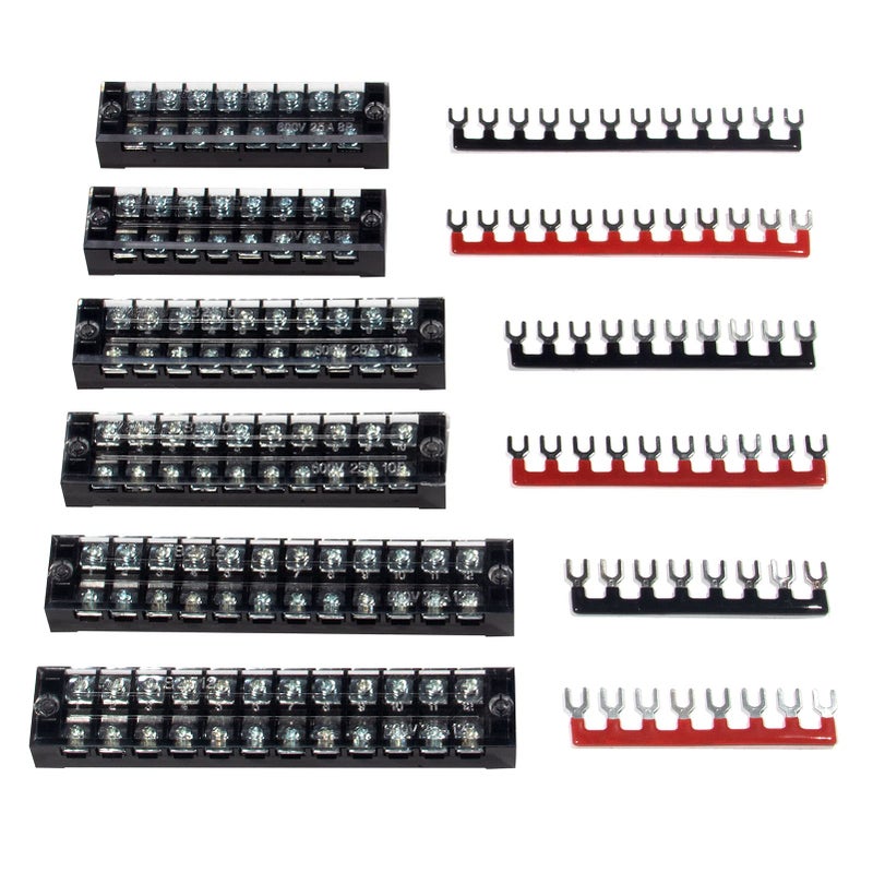MILAPEAK Terminal Block and Strip - 6 Sets 8/10/12 Positions 600V 25A Dual Row Wire Screw Terminal Strip Block with Cover + 400V 25A Pre-Insulated Terminals Barrier Strips Jumpers (Black & Red) - Image 1