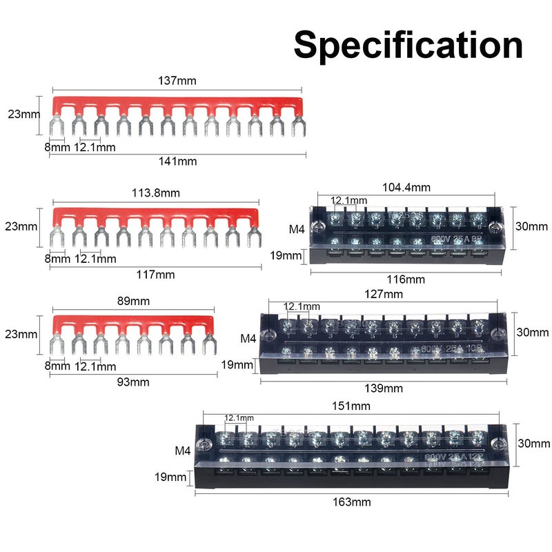 MILAPEAK Terminal Block and Strip - 6 Sets 8/10/12 Positions 600V 25A Dual Row Wire Screw Terminal Strip Block with Cover + 400V 25A Pre-Insulated Terminals Barrier Strips Jumpers (Black & Red) - Image 2