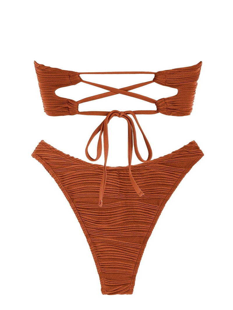 ZAFUL Women Strapless Textured Bandeau Bikini 2 Piece Swimwear Cheeky Solid Lace up Bathing Suits(1-Caramel,M) - Image 5