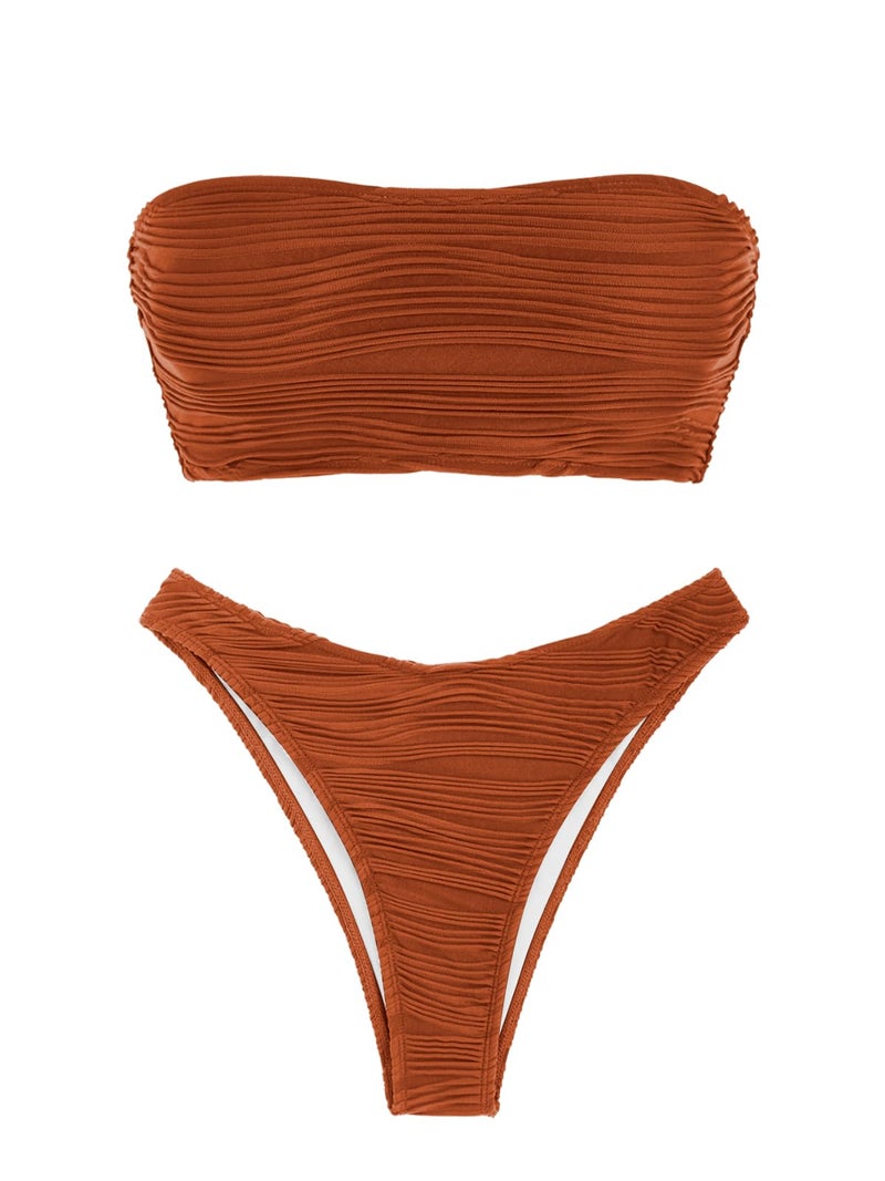 ZAFUL Women Strapless Textured Bandeau Bikini 2 Piece Swimwear Cheeky Solid Lace up Bathing Suits(1-Caramel,M) - Image 4