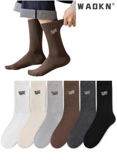 WAOKN 6 Pairs Men's 100% Cotton Crew Socks: Mid-Calf, Dress Socks, Moisture Wicking, Suitable for All Seasons, Striped Pattern in a Variety of Colors for Business Casual Wear  - Image 1