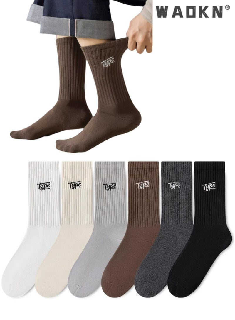 WAOKN 6 Pairs Men's 100% Cotton Crew Socks: Mid-Calf, Dress Socks, Moisture Wicking, Suitable for All Seasons, Striped Pattern in a Variety of Colors for Business Casual Wear  - Image 1