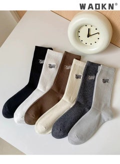 WAOKN 6 Pairs Men's 100% Cotton Crew Socks: Mid-Calf, Dress Socks, Moisture Wicking, Suitable for All Seasons, Striped Pattern in a Variety of Colors for Business Casual Wear  - Image 2
