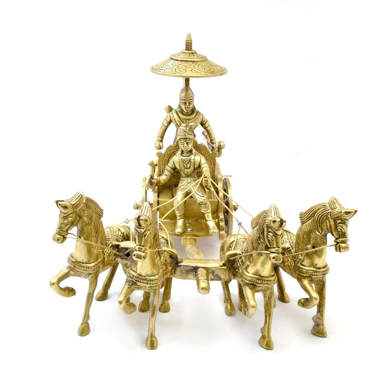Two Moustaches Brass Krishna Arjuna Rath Showpiece Mahabharat Krishna Arjuna Rath Chariot with 4 Horses Brass Standard Showpiece Yellow Pack of 1 - Image 2