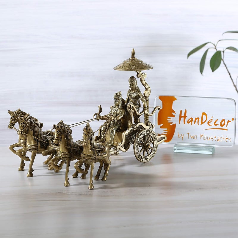 Two Moustaches Brass Krishna Arjuna Rath Showpiece Mahabharat Krishna Arjuna Rath Chariot with 4 Horses Brass Standard Showpiece Yellow Pack of 1 - Image 4