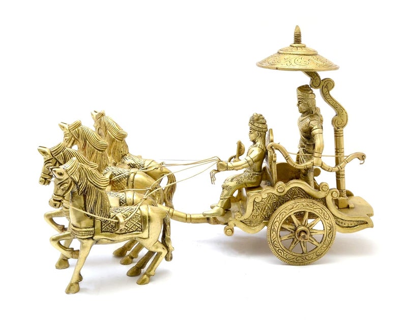 Two Moustaches Brass Krishna Arjuna Rath Showpiece Mahabharat Krishna Arjuna Rath Chariot with 4 Horses Brass Standard Showpiece Yellow Pack of 1 - Image 3