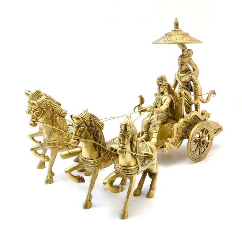 Two Moustaches Brass Krishna Arjuna Rath Showpiece Mahabharat Krishna Arjuna Rath Chariot with 4 Horses Brass Standard Showpiece Yellow Pack of 1 - Image 1