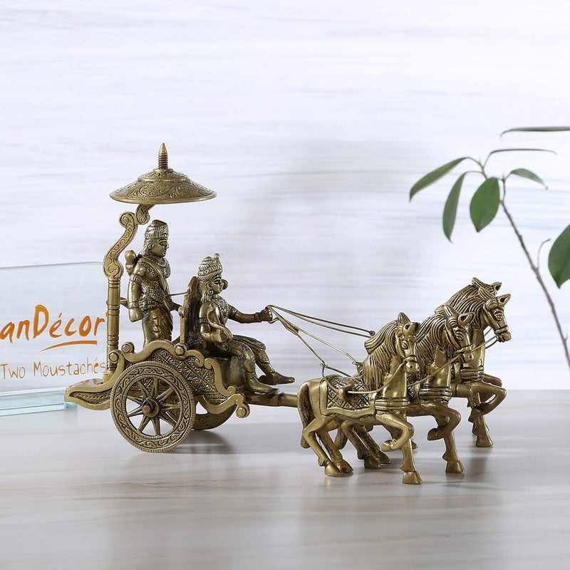 Two Moustaches Brass Krishna Arjuna Rath Showpiece Mahabharat Krishna Arjuna Rath Chariot with 4 Horses Brass Standard Showpiece Yellow Pack of 1 - Image 5