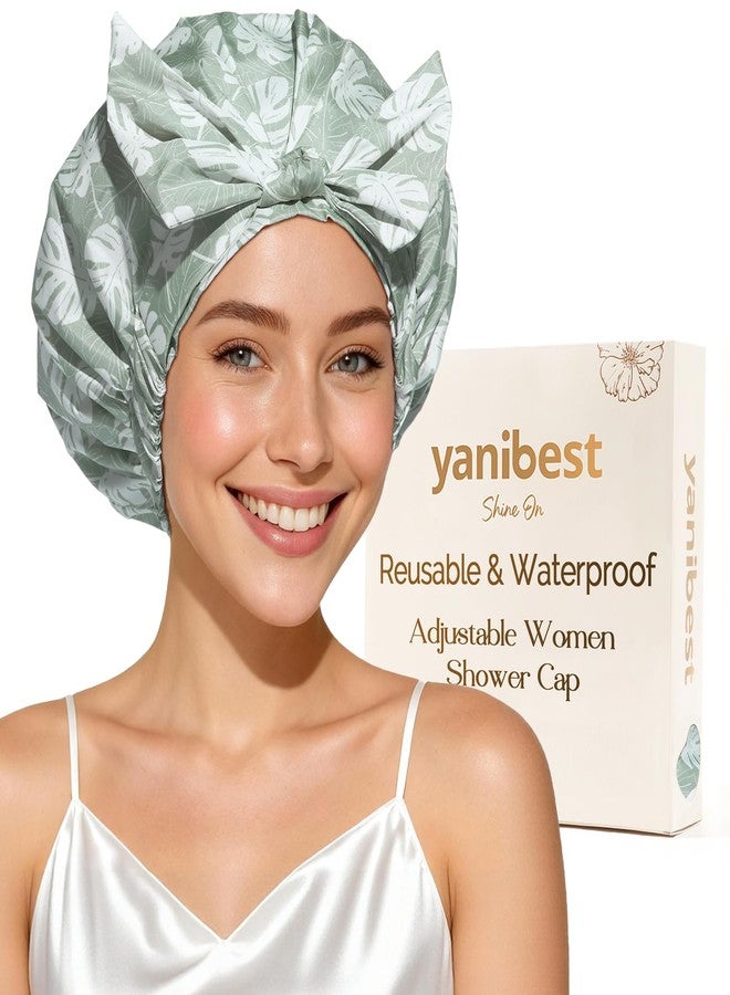 Yanibest Shower Cap for Women Reusable Waterproof, Adjustable Non-Slip Shower Hair Cap, Washable Bath Hat for Long Hair (Green) - Image 1