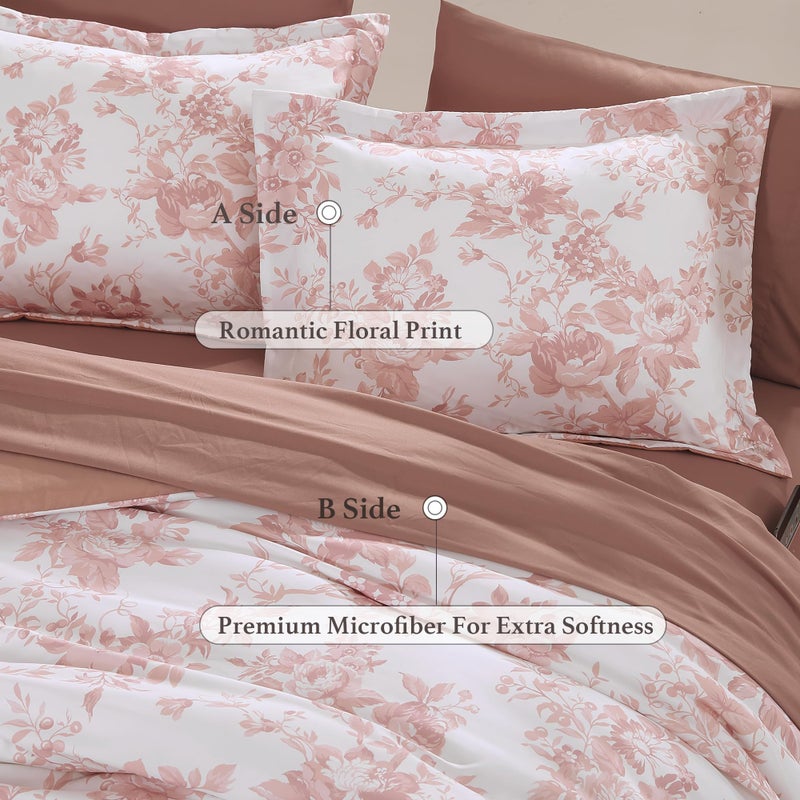 BLOOMHAVEN Queen Comforter Set -7 Pieces Pink Floral Comforter Set for All Seasons, Bed in a Bag Queen with Botanical Flowers Comforter, Sheets, Pillowcases & Shams - Image 5
