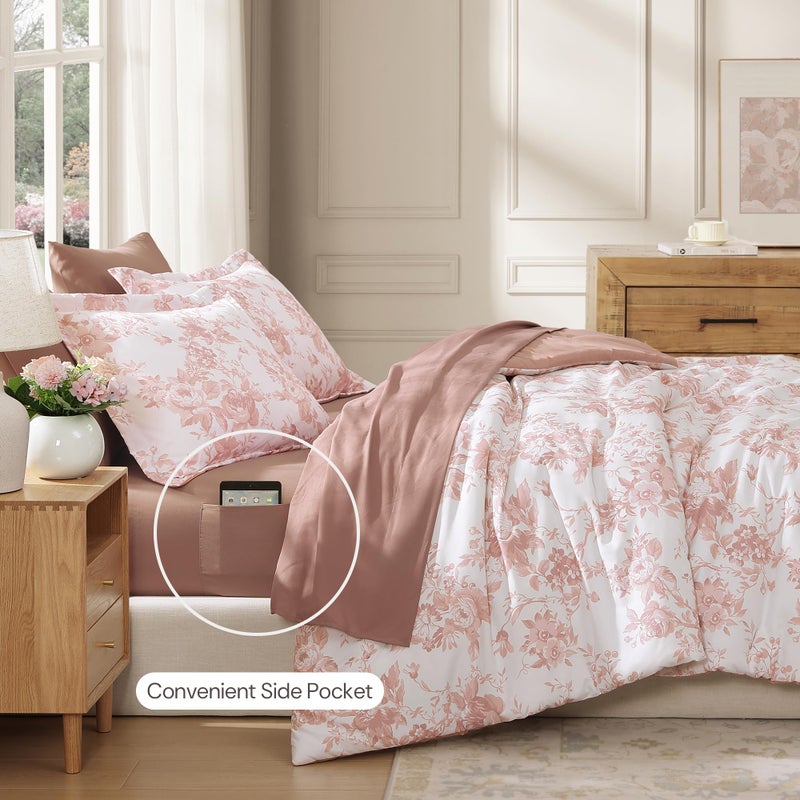 BLOOMHAVEN Queen Comforter Set -7 Pieces Pink Floral Comforter Set for All Seasons, Bed in a Bag Queen with Botanical Flowers Comforter, Sheets, Pillowcases & Shams - Image 3