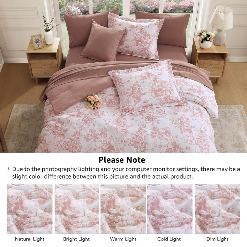 BLOOMHAVEN Queen Comforter Set -7 Pieces Pink Floral Comforter Set for All Seasons, Bed in a Bag Queen with Botanical Flowers Comforter, Sheets, Pillowcases & Shams - Image 4