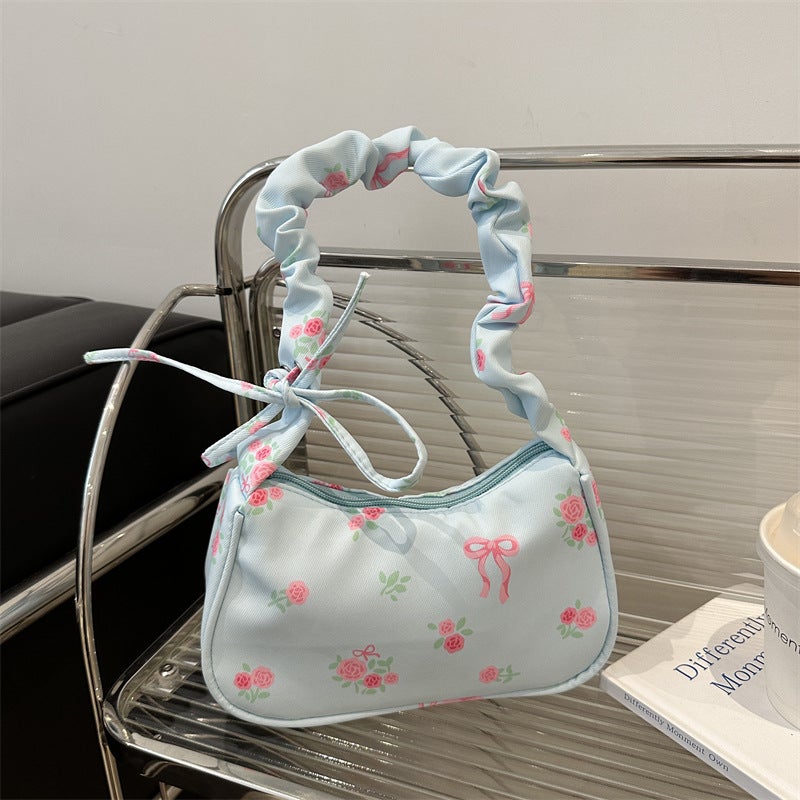 Gentle Sweet Flower Canvas Bag Women'S Drawstring Shoulder Bag High-Value Floral Bow Underarm Bag - Image 5