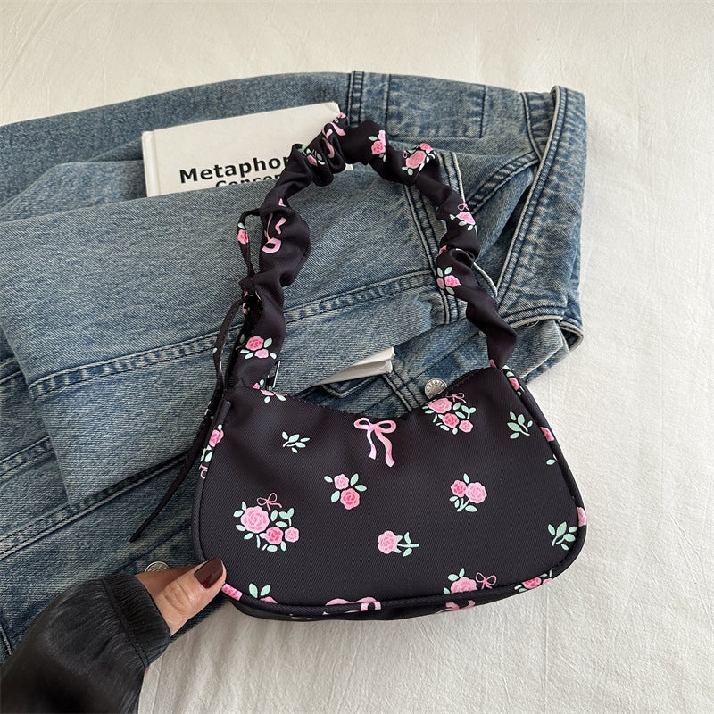 Gentle Sweet Flower Canvas Bag Women'S Drawstring Shoulder Bag High-Value Floral Bow Underarm Bag - Image 1