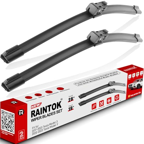 Raintok راينتوك 26" 19" شفرات مساحات الزجاج الأمامي بديل لسيارة تسلا موديل 3 من 2017-2023 و تسلا موديل Y من 2020 2021 2022 2023 مجموعة شفرات المساحات الأمامية بجودة المصنع الأصلية لسيارتي - (عبوة من 2) - Image 1