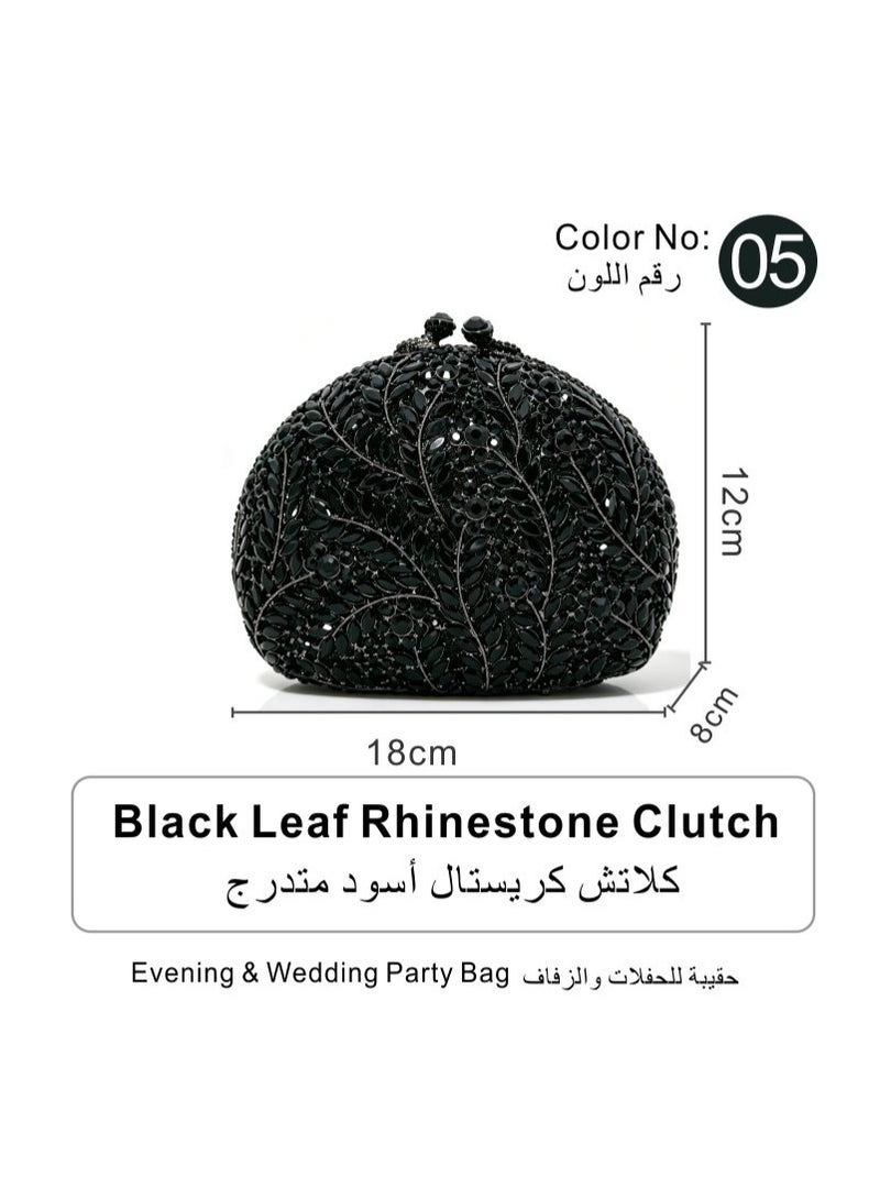 Luxury Leaf Rhinestone Evening Clutch Bag, Sparkly Crystal Formal Wedding Party Handbag with Detachable Shoulder Chain