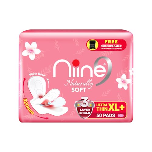 NIINE Naturally Soft Ultra Thin XL+ Sanitary Napkins |320mm Long|Cottony Soft Control Rashes|Long Lasting protection |Suitable for Heavy Flow with Free Biodegradable Disposal Bags (Pack of 1) 50 Pads - Image 1