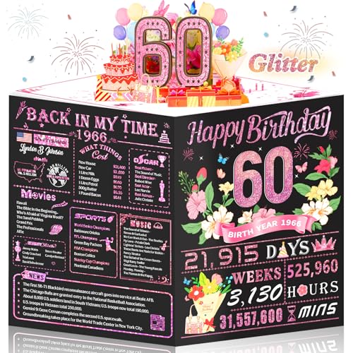 OLOSONG 60th Birthday Card for Women,Jumbo Pop Up 60th Birthday Cards for Her Friend,Back In 1966 Happy 60 Year Old Birthday Decorations for Wife Daughter Mom Funny Birthday Gifts,Rose Gold - Image 1