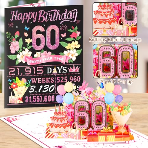 OLOSONG 60th Birthday Card for Women,Jumbo Pop Up 60th Birthday Cards for Her Friend,Back In 1966 Happy 60 Year Old Birthday Decorations for Wife Daughter Mom Funny Birthday Gifts,Rose Gold - Image 4