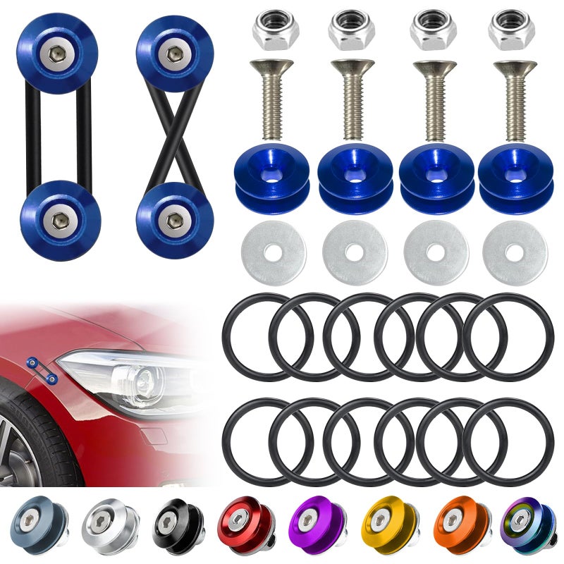 BFXM Universal Bumper Clips, Front Rear Bumper Quick Release Kit, Bumper Holders for Cars (4 Blue Bumper Quick Release Tabs and 12 Customized O-Rings) - Image 1