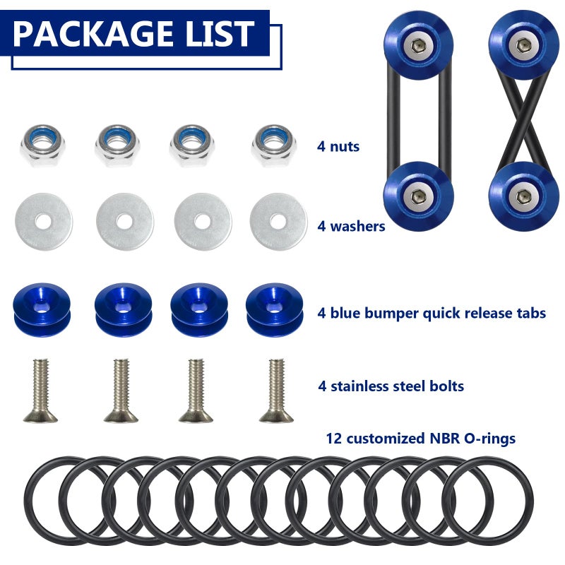 BFXM Universal Bumper Clips, Front Rear Bumper Quick Release Kit, Bumper Holders for Cars (4 Blue Bumper Quick Release Tabs and 12 Customized O-Rings) - Image 3