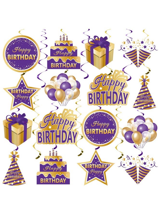 Excelloon Purple Gold Birthday Hanging Swirls Decorations for Women Girls, Purple Happy Birthday Foil Swirls Party Supplies, 10th 16th 21st 30th 40th 50th 60th Bday Ceiling Sign Decor - Image 1