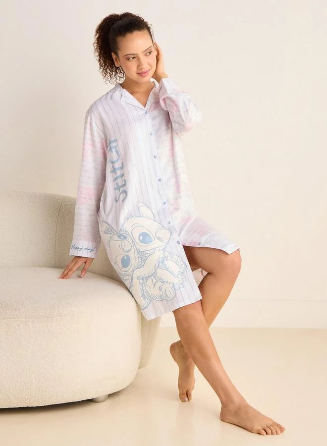 Splash FAV Angel and Stitch Print Sleepshirt with Collar and Long Sleeves