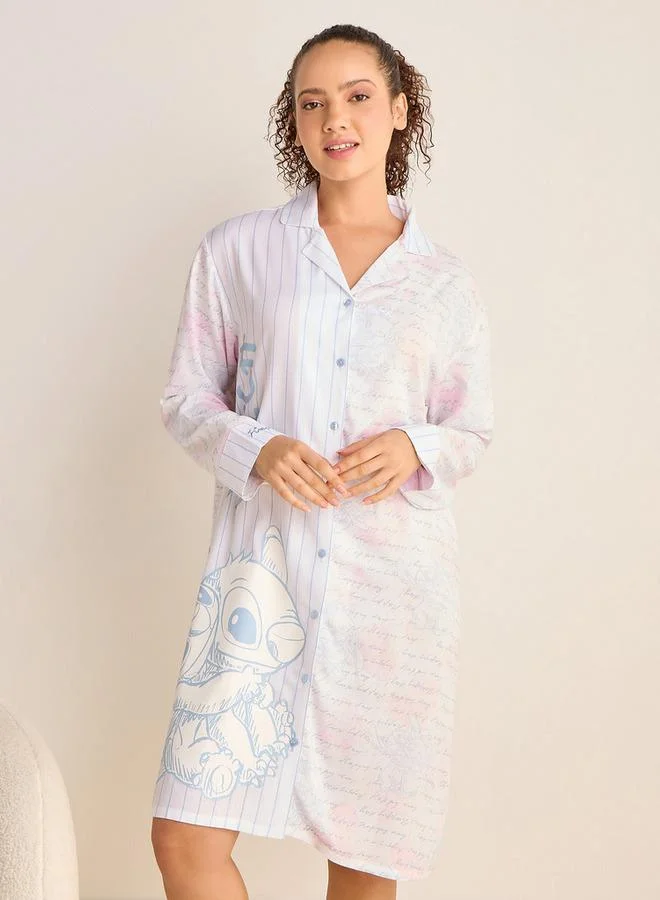 Splash FAV Angel and Stitch Print Sleepshirt with Collar and Long Sleeves