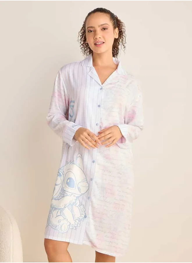 فاف Angel and Stitch Print Sleepshirt with Collar and Long Sleeves