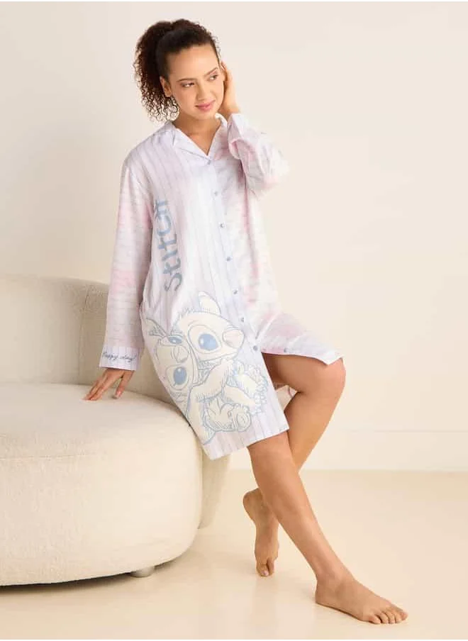 فاف Angel and Stitch Print Sleepshirt with Collar and Long Sleeves