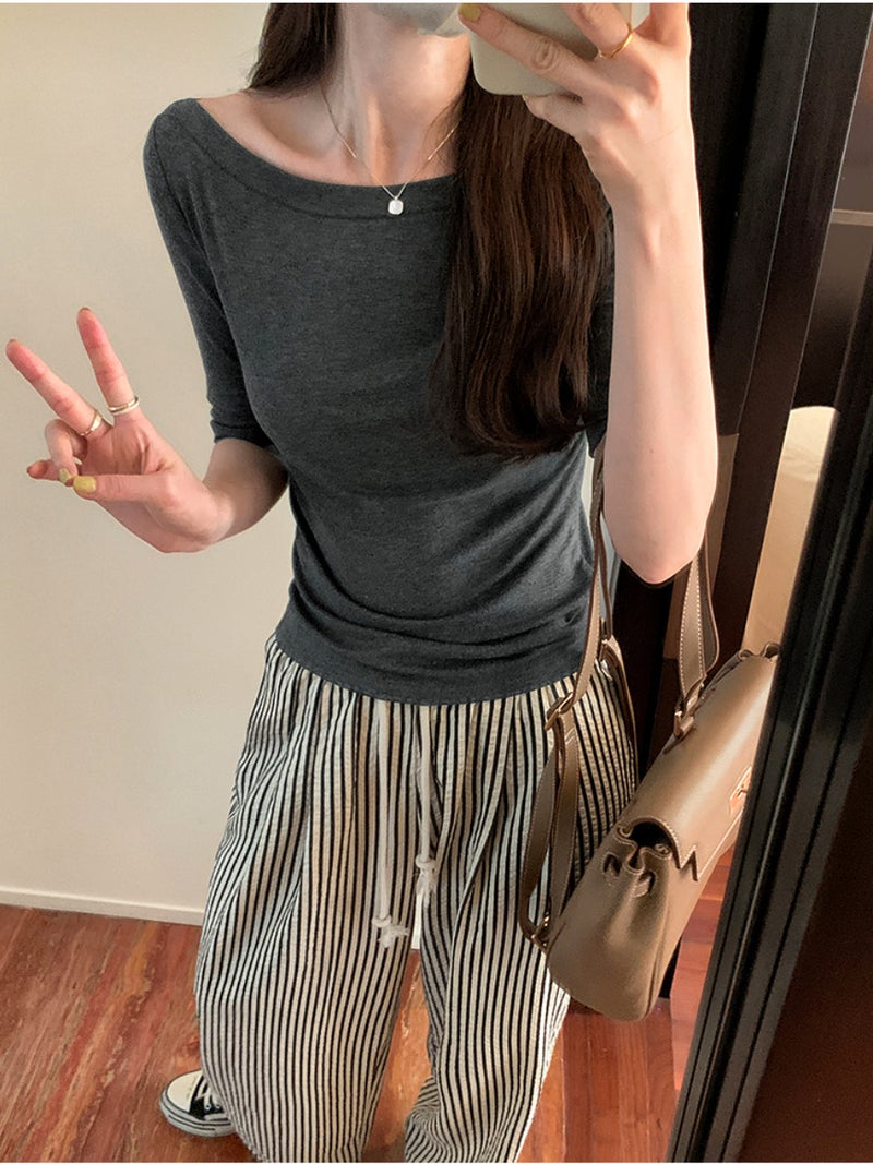 Korean Style Simple Solid Color Off-Shoulder T-Shirt Women'S Autumn 2023 New Mid-Sleeve Short Slim Fit All-Match Bottoming Shirt - Image 5