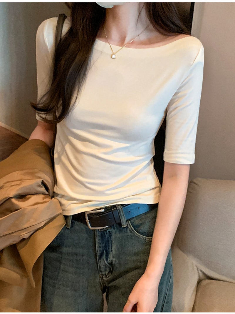 Korean Style Simple Solid Color Off-Shoulder T-Shirt Women'S Autumn 2023 New Mid-Sleeve Short Slim Fit All-Match Bottoming Shirt - Image 3