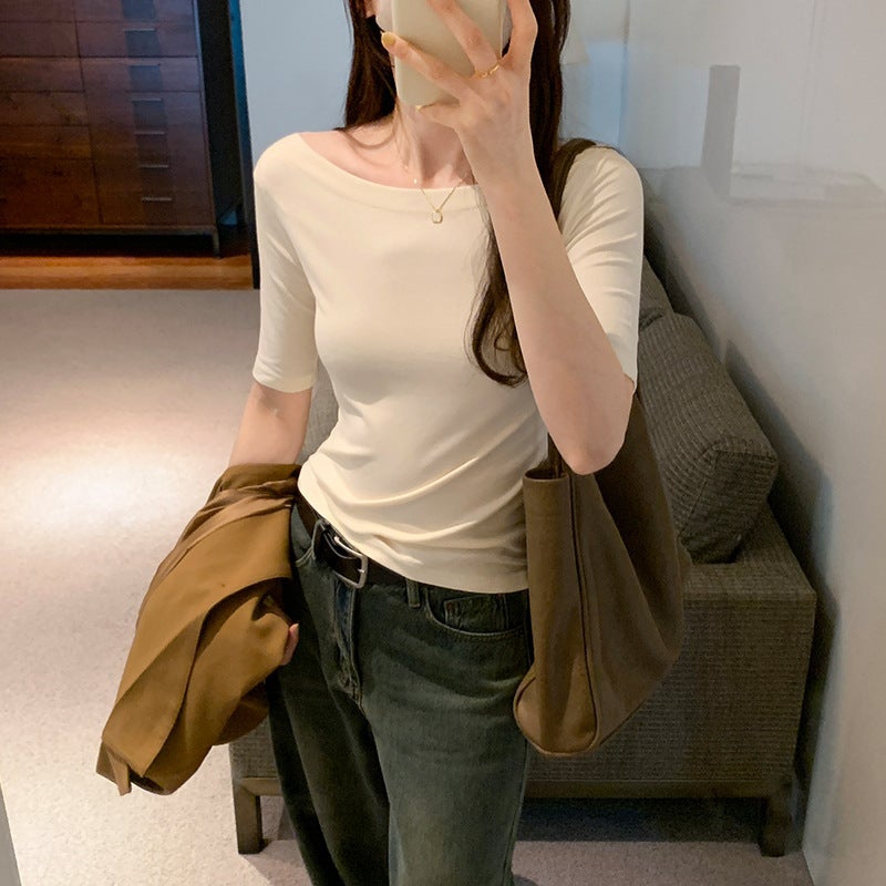 Korean Style Simple Solid Color Off-Shoulder T-Shirt Women'S Autumn 2023 New Mid-Sleeve Short Slim Fit All-Match Bottoming Shirt - Image 1
