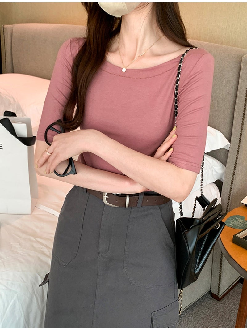 Korean Style Simple Solid Color Off-Shoulder T-Shirt Women'S Autumn 2023 New Mid-Sleeve Short Slim Fit All-Match Bottoming Shirt - Image 4