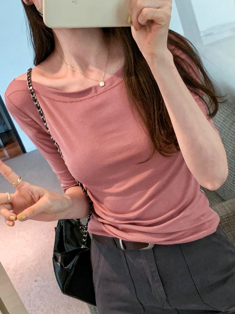 Korean Style Simple Solid Color Off-Shoulder T-Shirt Women'S Autumn 2023 New Mid-Sleeve Short Slim Fit All-Match Bottoming Shirt - Image 2