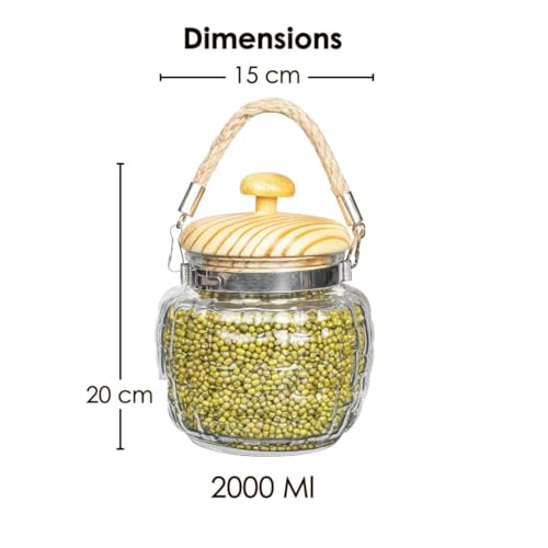 Femora Embossed Glass Jars for Kitchen Storage | Wooden Lid & Jute Chain | 1 Year Warranty | Airtight | for Snacks, Fry Food, Masala, Spice, Pickle, Cookies | 2000ml | Set of 1 - Image 3
