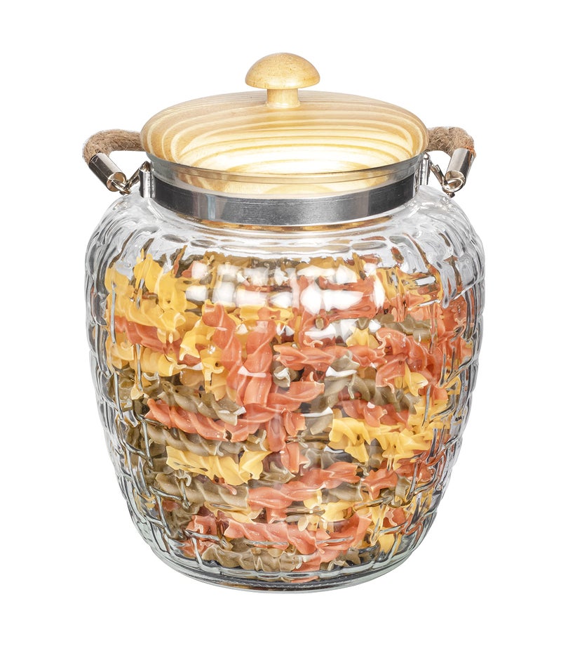 Femora Embossed Glass Jars for Kitchen Storage | Wooden Lid & Jute Chain | 1 Year Warranty | Airtight | for Snacks, Fry Food, Masala, Spice, Pickle, Cookies | 2000ml | Set of 1 - Image 2
