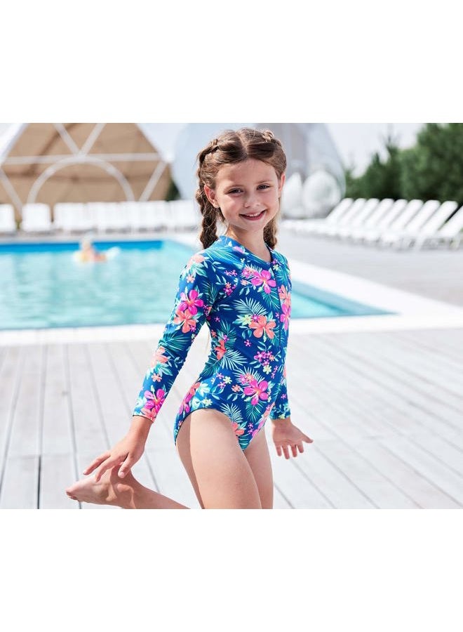 Mardonskey Big Girls Long Sleeve Rash Guard Kids One Piece Swimsuit UPF 50+ Sun Protection Swimwear Bathing Suit Blue Size 10/12 - Image 2