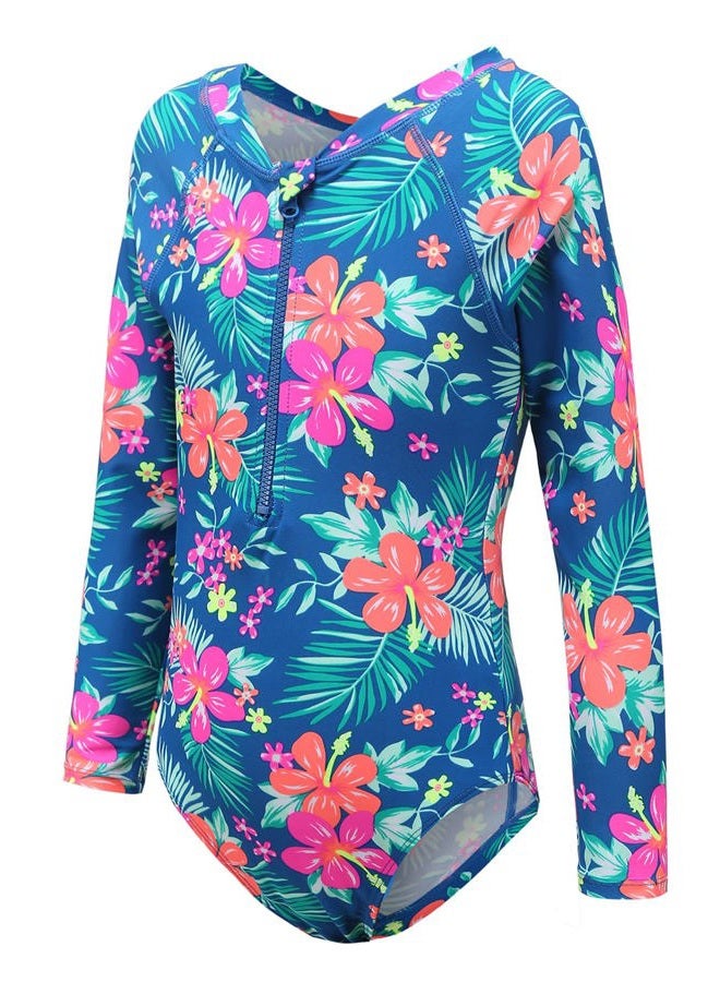 Mardonskey Big Girls Long Sleeve Rash Guard Kids One Piece Swimsuit UPF 50+ Sun Protection Swimwear Bathing Suit Blue Size 10/12 - Image 1