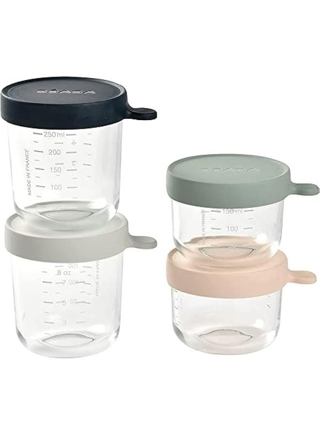 Gonice BÉABA, Set of 4 Baby Food Storage Containers, Glass Conservation Jar, Graduation Measuring Scale, Heat and Thermal Sock Resistant, 2X 150ml Pink et Eucalyptus / 2X 250ml Dark Blue et Light Mist - Image 1