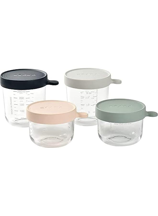 Gonice BÉABA, Set of 4 Baby Food Storage Containers, Glass Conservation Jar, Graduation Measuring Scale, Heat and Thermal Sock Resistant, 2X 150ml Pink et Eucalyptus / 2X 250ml Dark Blue et Light Mist - Image 2