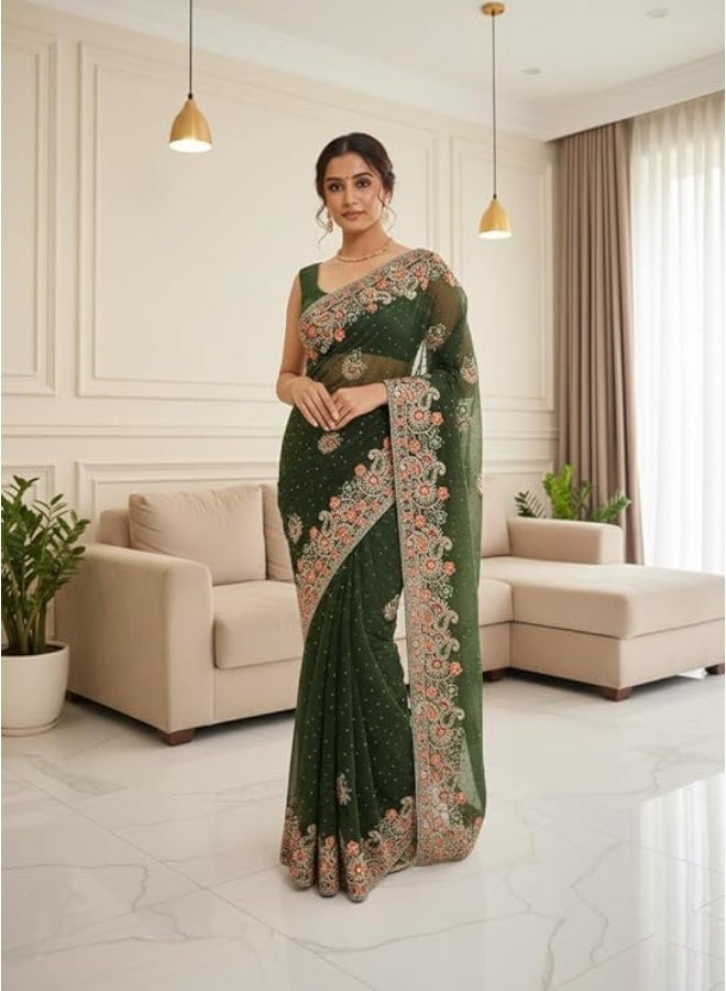 YASHIKA ساري ياشيكا النسائي الحريري الناعم من نوع فاندي، مزين بحواف دانتيل مطرزة يدويًا، ويأتي مع قطعة قماش غير مخيطة للبلوزة | أحدث الساري | ساري بوليوود | ساري جديد - Image 3