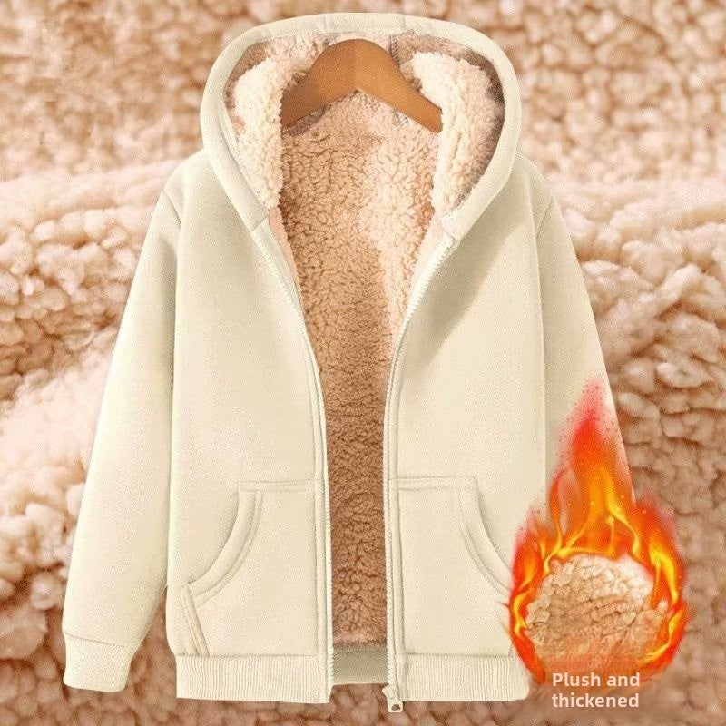 Mens Thick Lamb Wool Hoodie Winter Autumn Black Apricot - Image 2