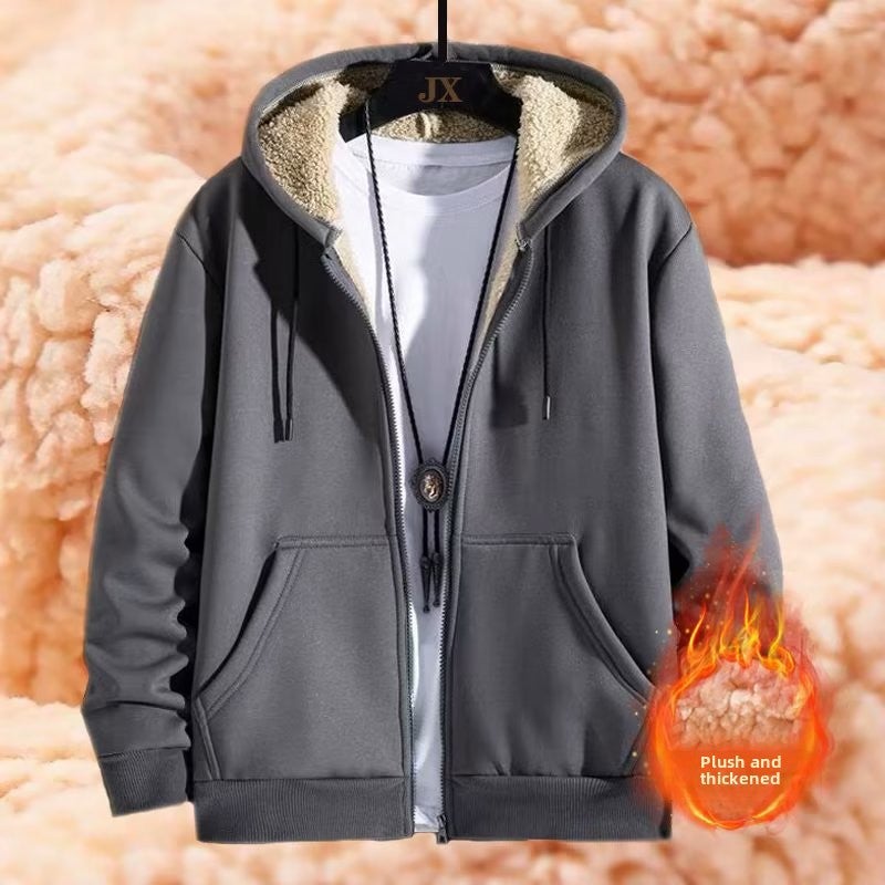 Mens Thick Lamb Wool Hoodie Winter Autumn Black Apricot - Image 5