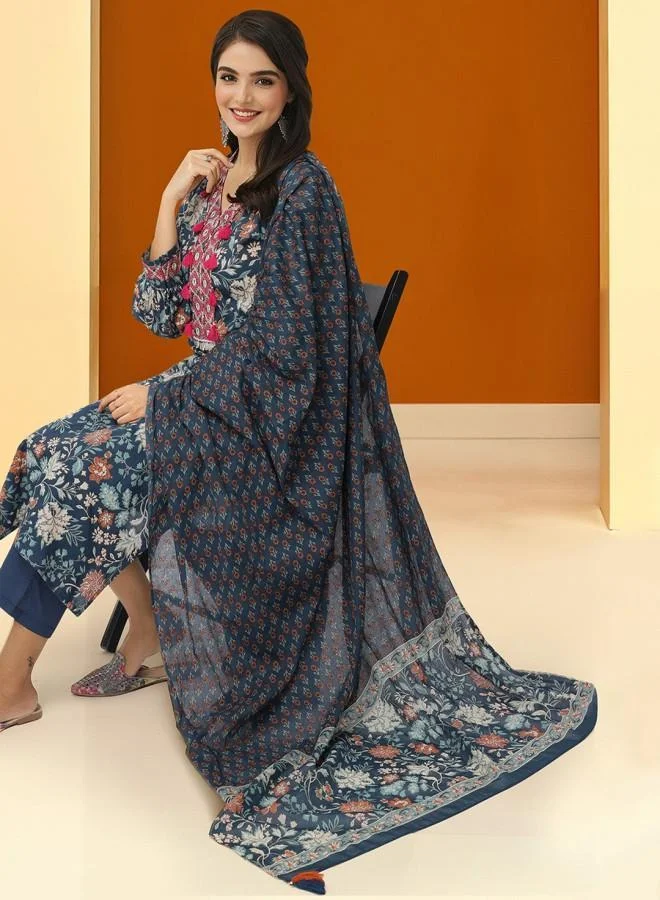 ISHIN Navy Women'S Navy 100% Cotton Embroidered Tunic Full Length Palazzo Straight Fit Kurta Set for Women | Best Price UAE