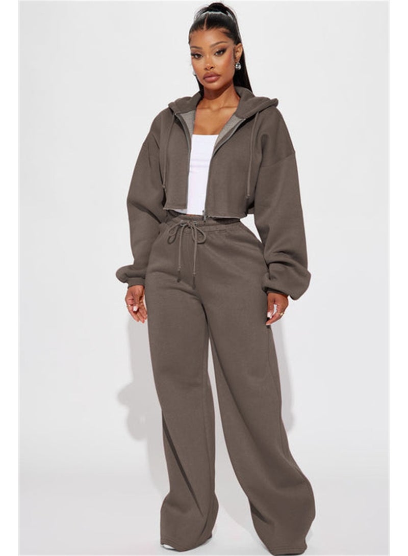 NIBEMINENT Loose Elegant 2 Piece Set Women Solid Long Sleeve Crop Coat Lace Up High Waist Straight Pants Trendy Sports Lady Suit - Image 1